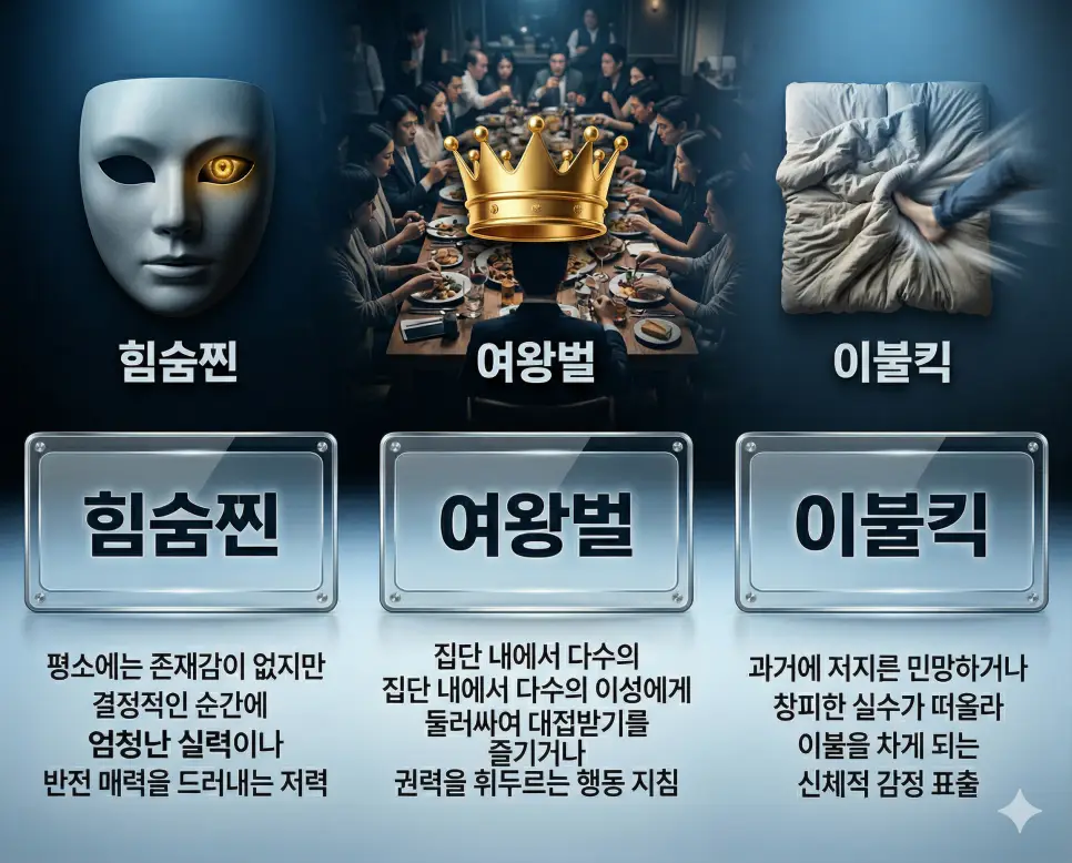 힘숨찐 뜻, 여왕벌 뜻, 이불킥 뜻: 감춰진 저력과 무리의 중심 및 부끄러움의 분출 정리 4 힘숨찐, 여왕벌, 이불킥 뜻의 정의와 핵심 아이콘을 세 개의 유리 패널에 정리한 영화 포스터 스타일 인포그래픽