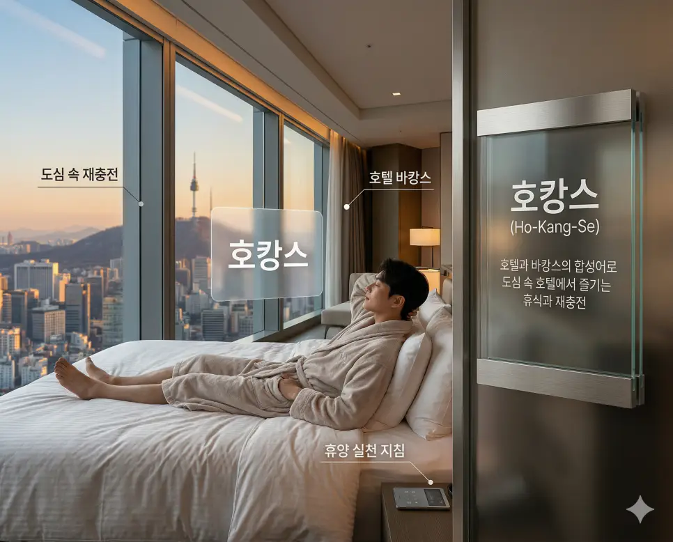 현질 뜻, 호캉스 뜻, 혼영 뜻: 디지털 가치 투자와 도심 속 재충전 및 몰입의 즐거움 정리 2 도심 고급 호텔에서 휴식을 취하며 재충전하는 호캉스 의미를 담은 프리미엄 객실 배경 실사 이미지