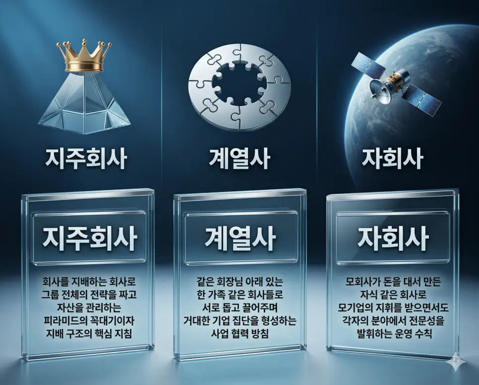 지주회사 뜻, 계열사 뜻, 자회사 뜻: 그룹의 정점과 기업 집단 및 지배 구조 정리 4 지주회사, 계열사, 자회사 뜻의 정의와 핵심 아이콘을 세 개의 유리 패널에 정리한 고품격 인포그래픽 실사 이미지