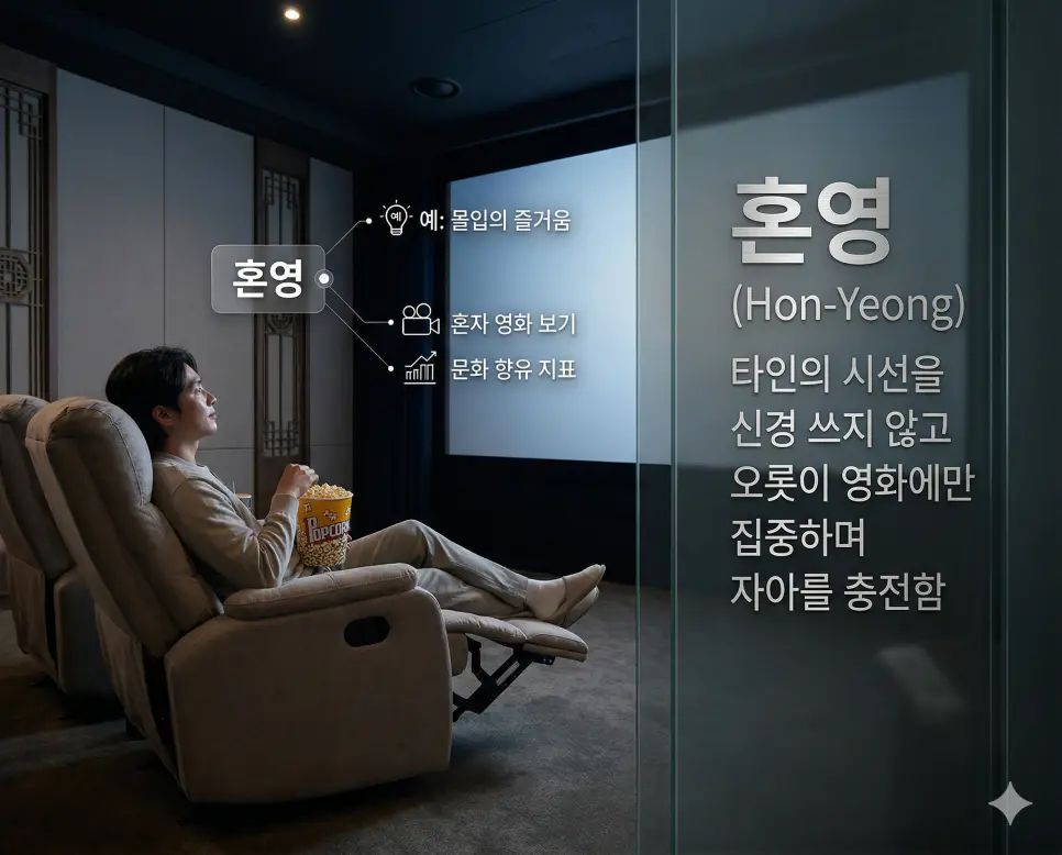 현질 뜻, 호캉스 뜻, 혼영 뜻: 디지털 가치 투자와 도심 속 재충전 및 몰입의 즐거움 정리 3 타인의 시선 없이 오롯이 영화에 몰입하는 즐거움을 상징하는 혼영 뜻의 감각적인 실사 이미지