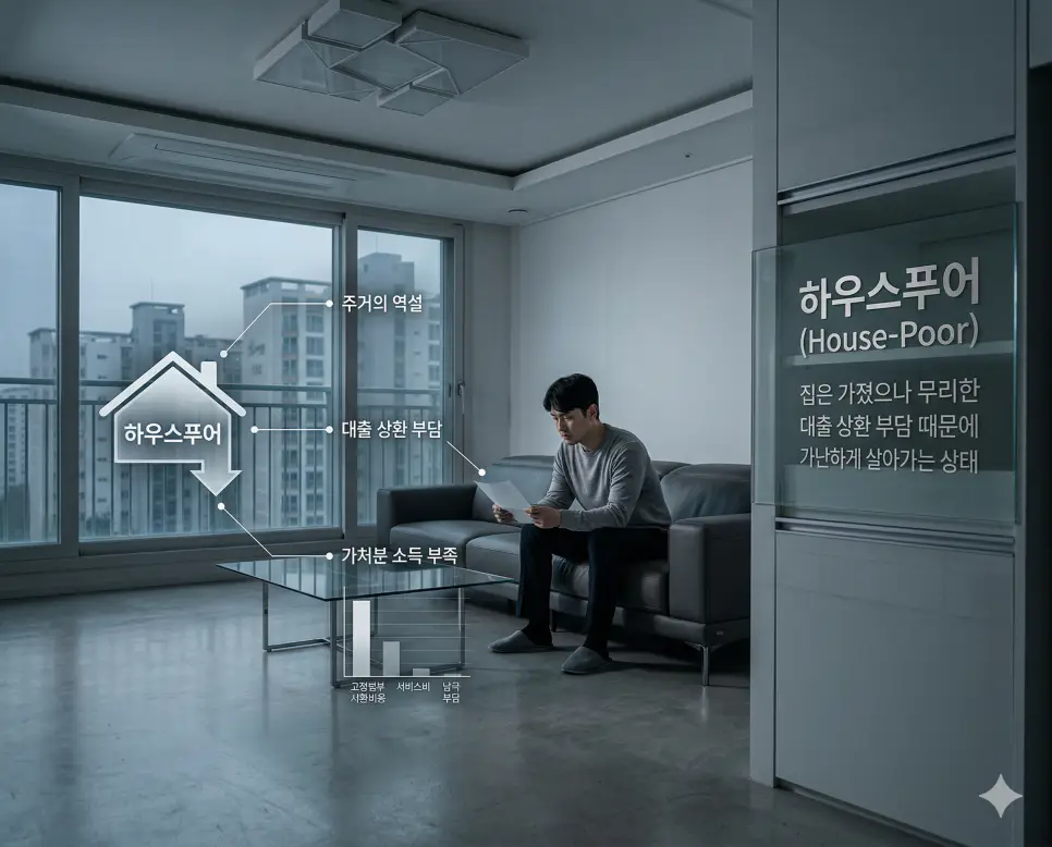 번듯한 집에 살지만 대출 상환 부담으로 소득이 부족한 하우스푸어 상태를 묘사한 실사 이미지