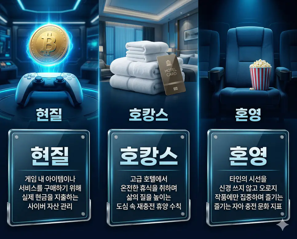 현질 뜻, 호캉스 뜻, 혼영 뜻: 디지털 가치 투자와 도심 속 재충전 및 몰입의 즐거움 정리 4 현질, 호캉스, 혼영 뜻의 정의와 핵심 아이콘을 세 개의 유리 패널에 정리한 영화 포스터 스타일 인포그래픽
