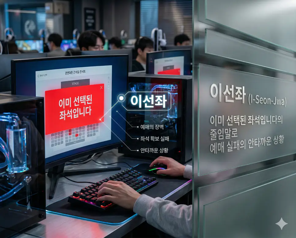월급루팡 뜻, 윙스 뜻, 이선좌 뜻: 근무 태만과 비상의 상징 및 예매의 장벽 정리 3 티켓 예매 실패를 알리는 팝업 메시지와 안타까운 상황을 뜻하는 이선좌 의미를 설명하는 실사 이미지
