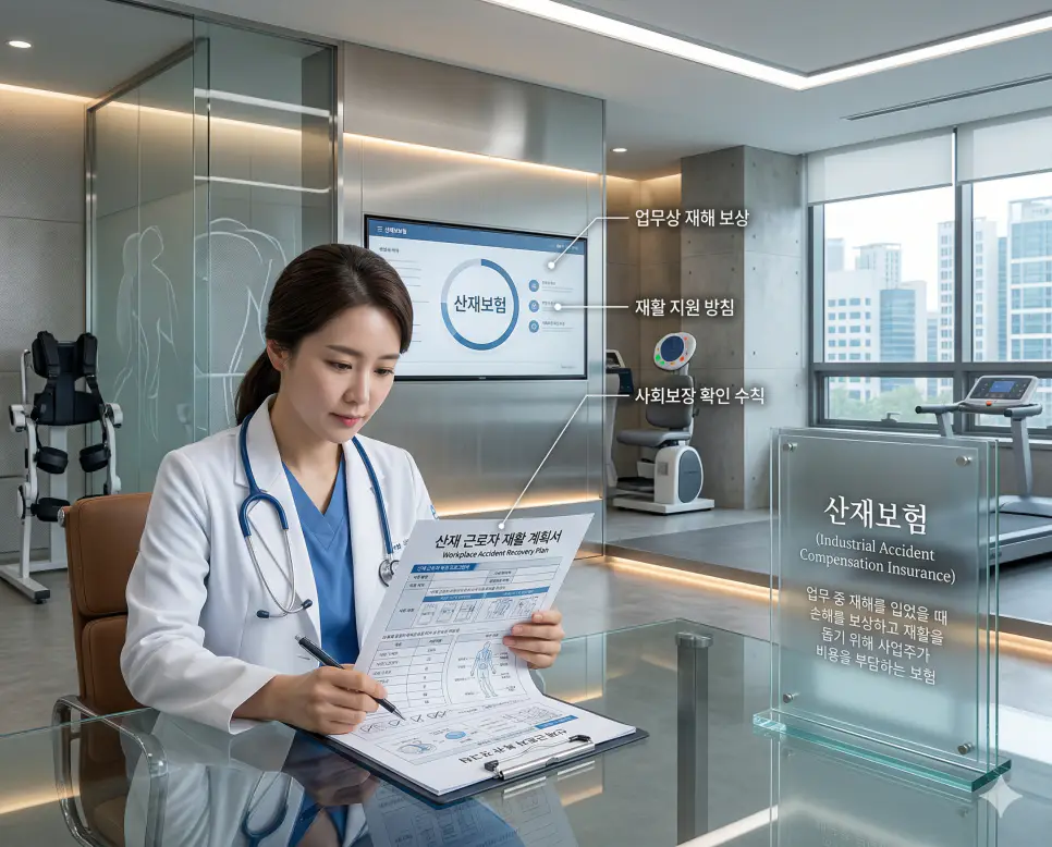 고용보험 뜻, 산재보험 뜻, 실업급여 뜻: 실업 방어선과 재해 보상 및 재취업 혜택 정리 2 업무 중 재해 보상과 재활 지원을 위해 사업주가 비용을 부담하는 산재보험 혜택 시각화 실사 이미지