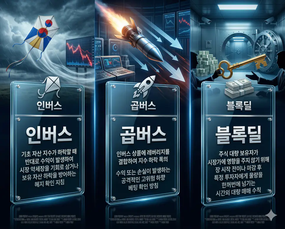 인버스 뜻, 곱버스 뜻, 블록딜 뜻: 하락장 수익과 변동성 가속 및 시간외 대량 매매 정리 4 인버스, 곱버스, 블록딜 뜻의 정의와 핵심 아이콘을 세 개의 유리 패널에 정리한 고품격 인포그래픽 실사 이미지