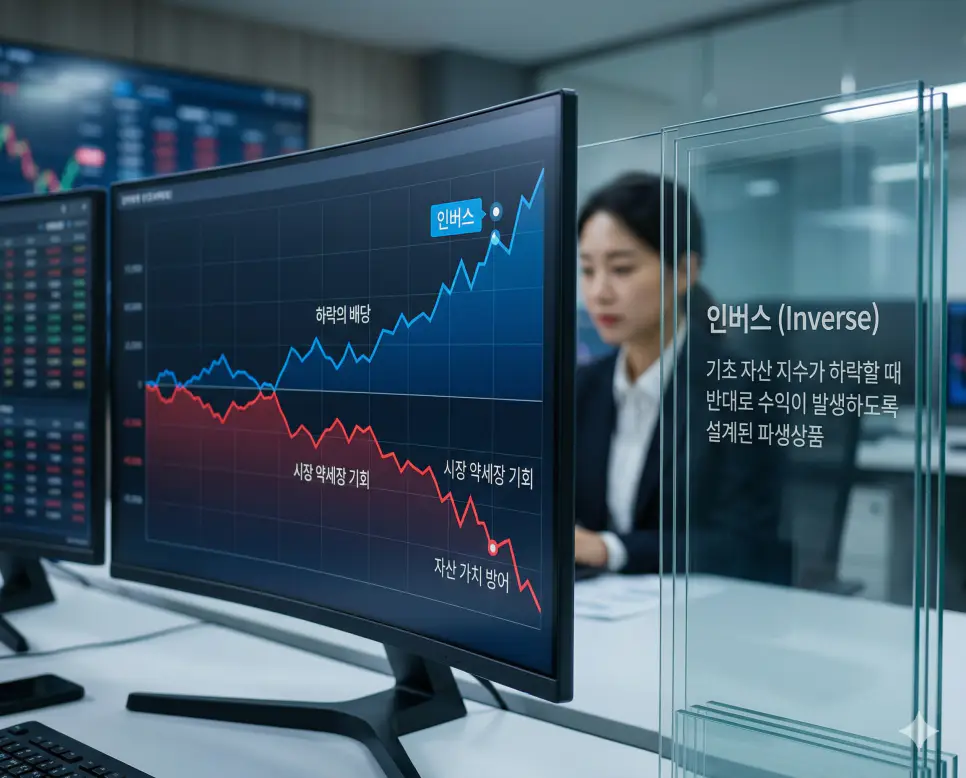인버스 뜻, 곱버스 뜻, 블록딜 뜻: 하락장 수익과 변동성 가속 및 시간외 대량 매매 정리 1 시장 하락 시 반대로 수익을 창출하여 자산 가치를 방어하는 인버스 ETF의 원리를 시각화한 실사 이미지