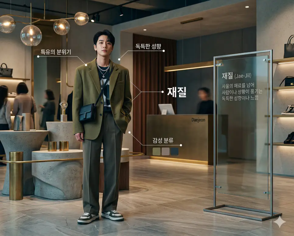 특유의 분위기와 독특한 성향을 상징하는 재질 뜻을 시각화한 세련된 패션 매장 배경 실사 이미지