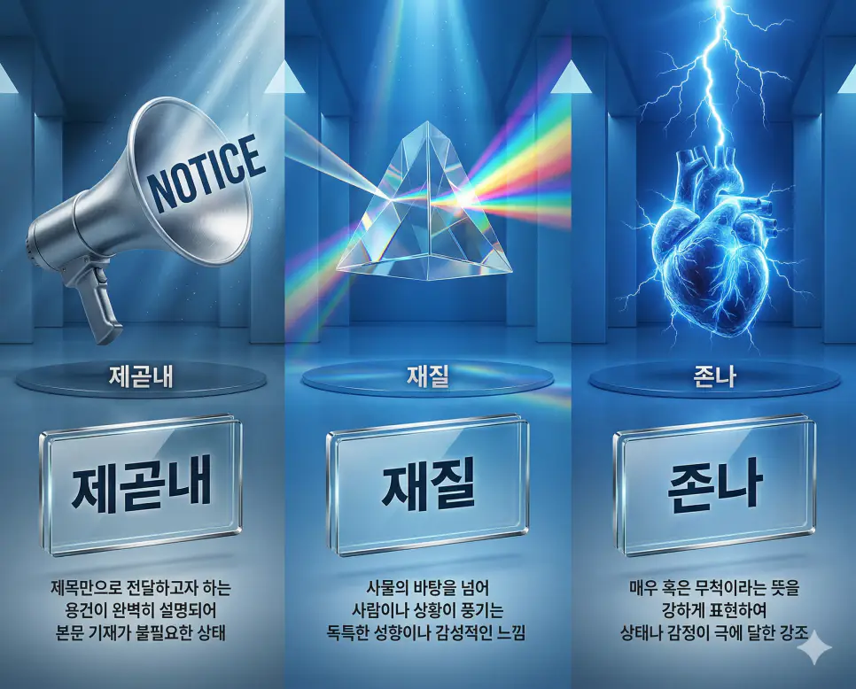 제곧내, 재질, 존나 뜻의 정의와 핵심 아이콘을 세 개의 유리 패널에 정리한 영화 포스터 스타일 인포그래픽
