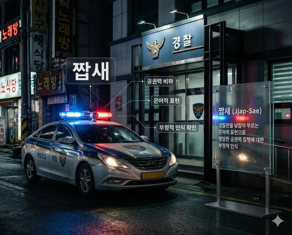 상따 뜻, 짭새 뜻, 땡중 뜻: 수익 추격과 공권력 비하 및 파계의 상징 정리 2 공권력을 비하하는 은어인 짭새 의미를 담은 야간 도시 거리의 경찰차 배경 실사 이미지