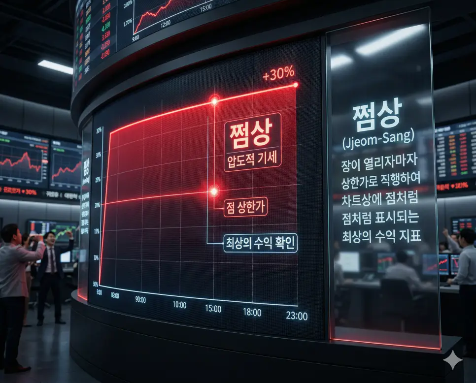 단타 뜻, 쩜상 뜻, 갭상 뜻: 시간의 효율과 압도적 기세 및 가격의 도약 정리 2 개장 직후 상한가로 직행하여 압도적인 기세를 보여주는 쩜상 현상을 담은 주가 전광판 배경 실사 이미지