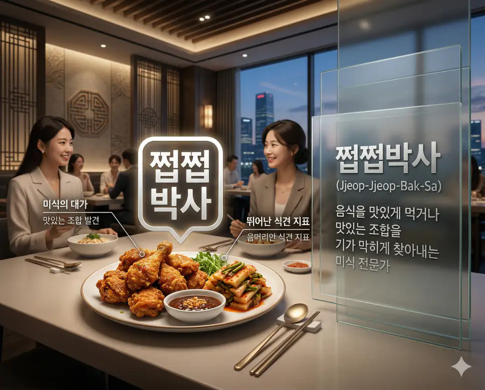 졸혼 뜻, 주린이 뜻, 쩝쩝박사 뜻: 결혼의 마침표와 투자의 첫걸음 및 미식의 대가 정리 3 맛있는 음식 조합을 즐기는 전문가의 모습과 쩝쩝박사 뜻을 담은 세련된 실사 이미지