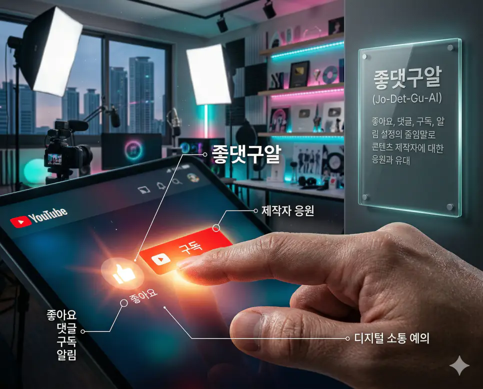 좋아요와 구독 버튼을 눌러 제작자를 응원하는 좋댓구알 뜻을 시각화한 디지털 기기 배경 실사 이미지
