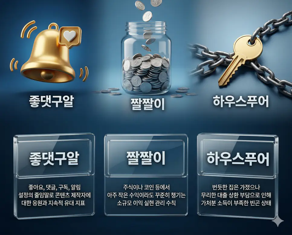 좋댓구알, 짤짤이, 하우스푸어 뜻의 정의와 핵심 아이콘을 세 개의 유리 패널에 정리한 영화 포스터 스타일 인포그래픽