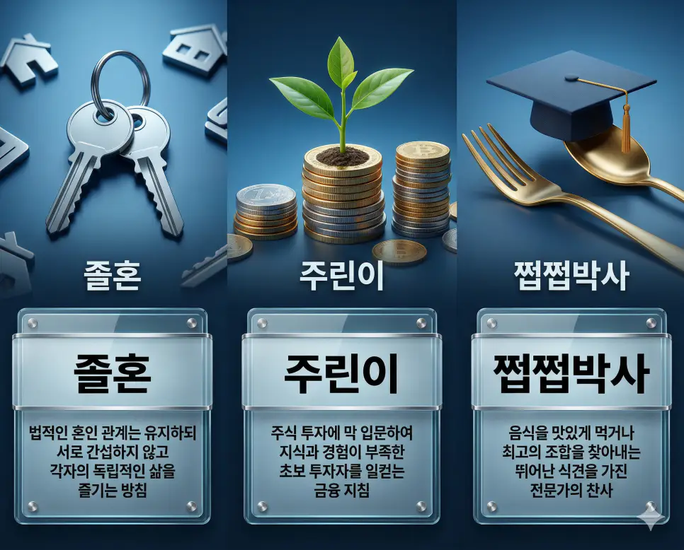 졸혼 뜻, 주린이 뜻, 쩝쩝박사 뜻: 결혼의 마침표와 투자의 첫걸음 및 미식의 대가 정리 4 졸혼, 주린이, 쩝쩝박사 뜻의 정의와 핵심 아이콘을 세 개의 유리 패널에 정리한 영화 포스터 스타일 인포그래픽