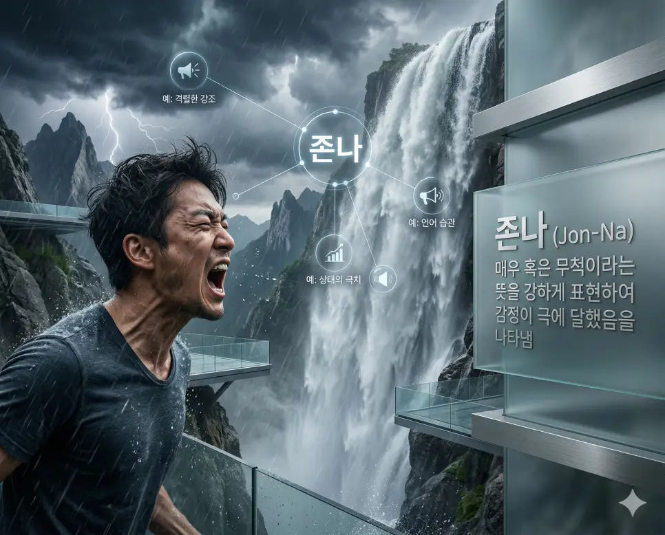 강렬한 감정과 상태의 극치를 강조하는 존나 뜻을 설명하는 폭포 배경의 열정적인 실사 이미지