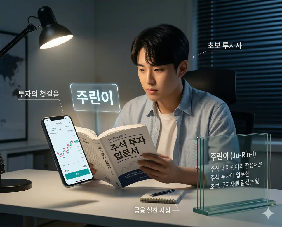 졸혼 뜻, 주린이 뜻, 쩝쩝박사 뜻: 결혼의 마침표와 투자의 첫걸음 및 미식의 대가 정리 2 주식 공부에 열중하는 초보 투자자의 모습과 주린이 의미를 시각화한 실사 이미지