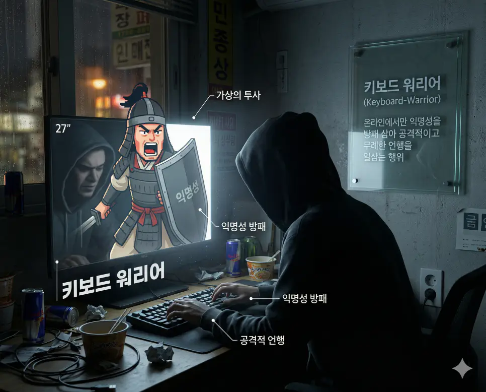 선플 뜻, 키보드 워리어 뜻, 요섹남 뜻: 디지털 온기와 가상의 투사 및 요리하는 매력 정리 2 익명성 뒤에 숨어 무례한 공격을 일삼는 키보드 워리어의 단면을 어두운 방 안 모니터 조명으로 표현한 실사 이미지