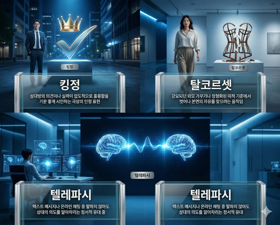 킹정, 탈코르셋, 텔레파시 뜻의 정의와 핵심 아이콘을 세 개의 유리 패널에 정리한 영화 포스터 스타일 인포그래픽
