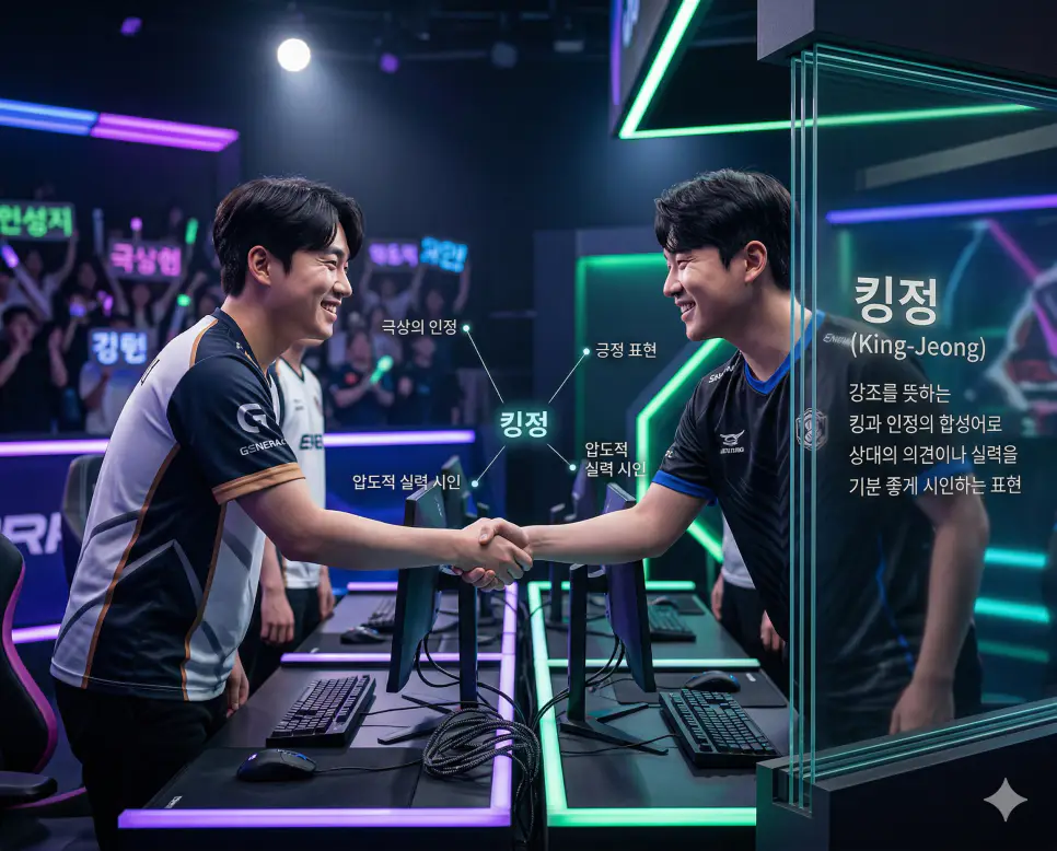 상대방의 실력을 기분 좋게 인정하는 킹정 뜻을 시각화한 화려한 게임 경기장 배경 실사 이미지