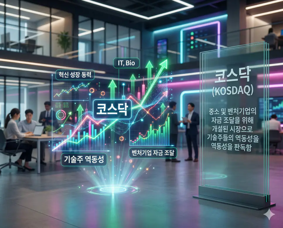 코스피 뜻, 코스닥 뜻, 코스피200 뜻: 국가 대표 지표와 혁신 성장 동력 및 핵심 우량 자산 정리 2 미래 성장성이 높은 기술주와 벤처기업의 역동성을 상징하는 코스닥 의미를 담은 혁신적인 기술 단지 배경 실사 이미지