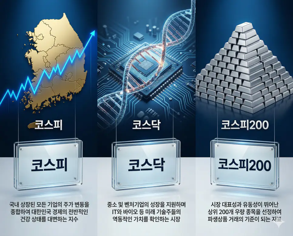 코스피 뜻, 코스닥 뜻, 코스피200 뜻: 국가 대표 지표와 혁신 성장 동력 및 핵심 우량 자산 정리 3 코스피, 코스닥, 코스피200 뜻의 정의와 핵심 아이콘을 세 개의 유리 패널에 정리한 영화 포스터 스타일 인포그래픽