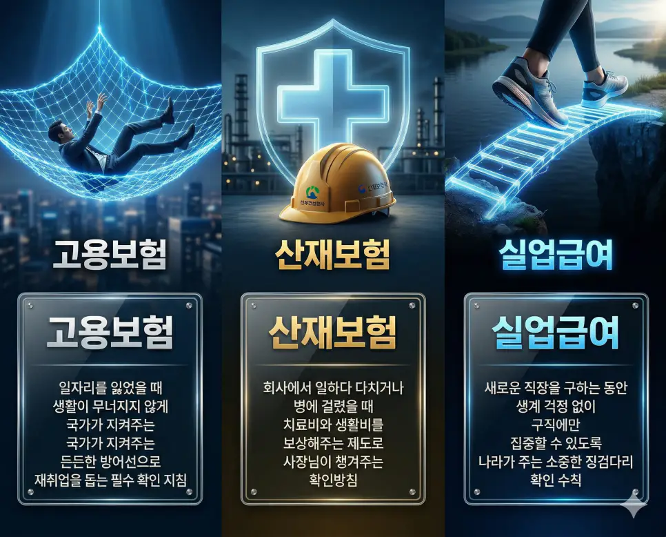 고용보험 뜻, 산재보험 뜻, 실업급여 뜻: 실업 방어선과 재해 보상 및 재취업 혜택 정리 4 고용보험, 산재보험, 실업급여 뜻의 정의와 핵심 상징 아이콘을 세 개의 유리 패널에 정리한 고품격 인포그래픽 실사 이미지
