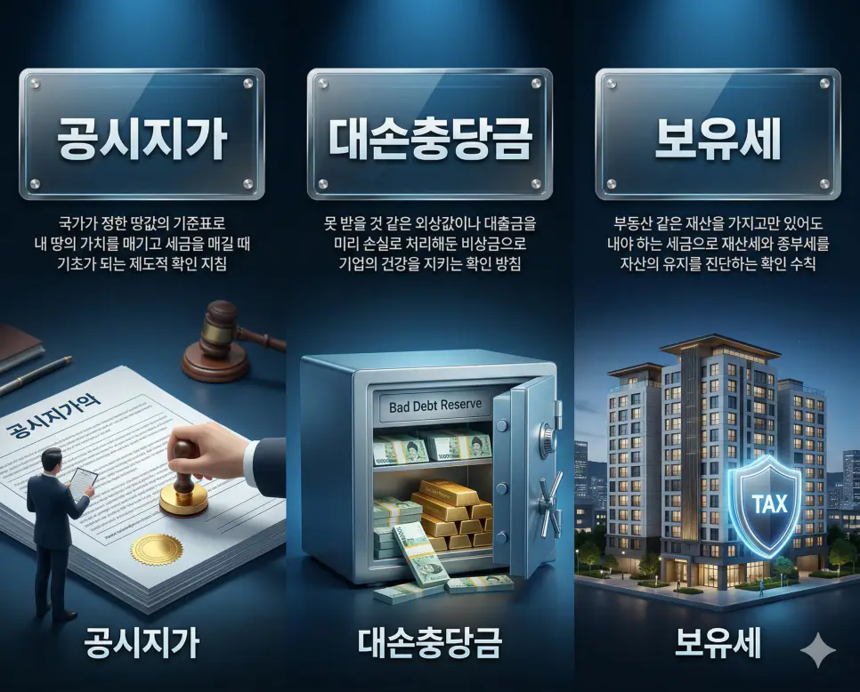 공시지가 뜻, 대손충당금 뜻, 보유세 뜻: 토지 기준가와 부실 대비 및 자산 유지비 정리 4 공시지가, 대손충당금, 보유세 뜻의 정의와 핵심 분석 아이콘을 세 개의 유리 패널에 정리한 고품격 인포그래픽 실사 이미지