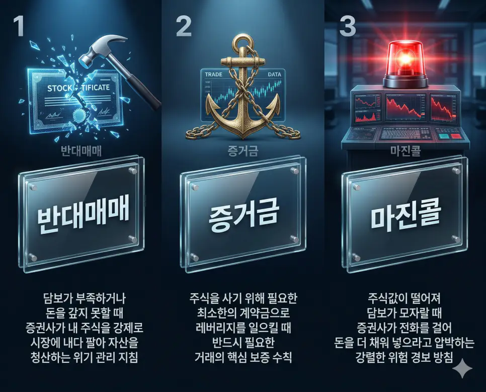 반대매매 뜻, 증거금 뜻, 마진콜 뜻: 타율적 청산과 거래 보증 및 증거금 독촉 정리 4 반대매매, 증거금, 마진콜 뜻의 정의와 핵심 아이콘을 세 개의 유리 패널에 정리한 고품격 인포그래픽 실사 이미지