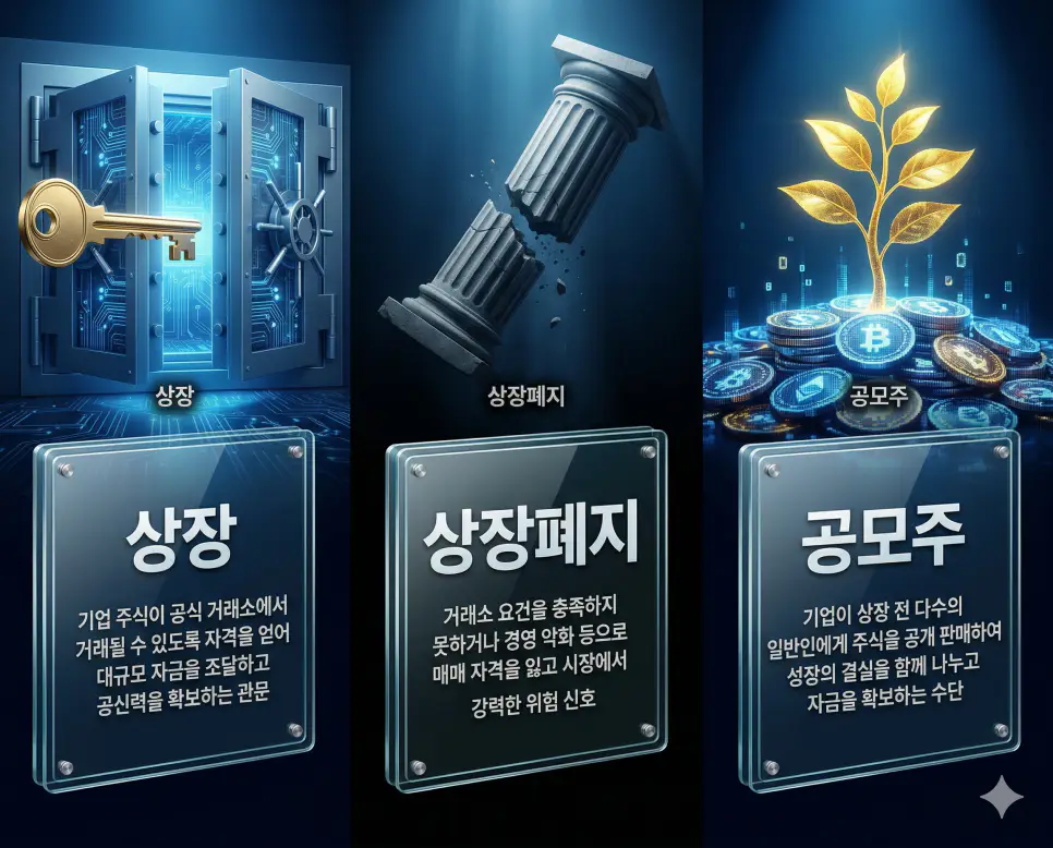 상장, 상장폐지, 공모주 뜻의 정의와 핵심 아이콘을 세 개의 유리 패널에 정리한 고품격 인포그래픽 실사 이미지