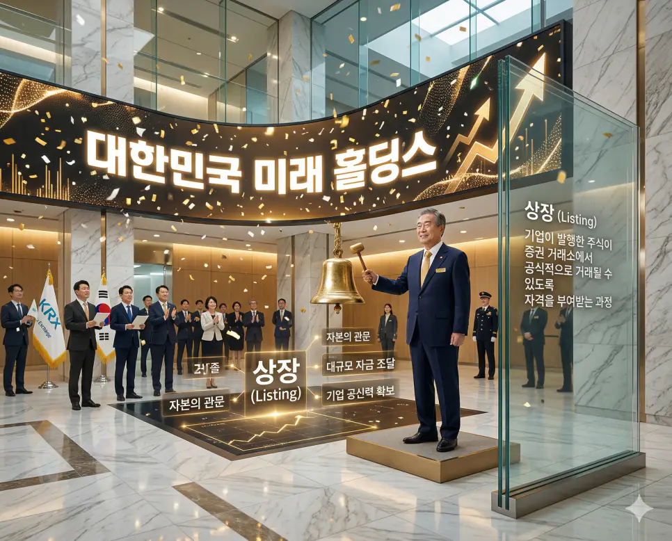 기업 주식이 거래소에 공식 입성하는 상장 세리머니와 황금 벨을 시각화한 실사 이미지