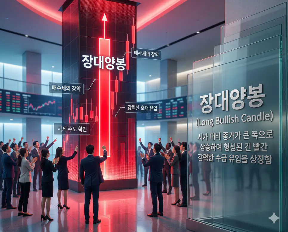 강력한 수급 유입으로 시가가 대비 종가가 크게 상승하여 형성된 매수세 장악의 상징인 장대양봉 실사 이미지