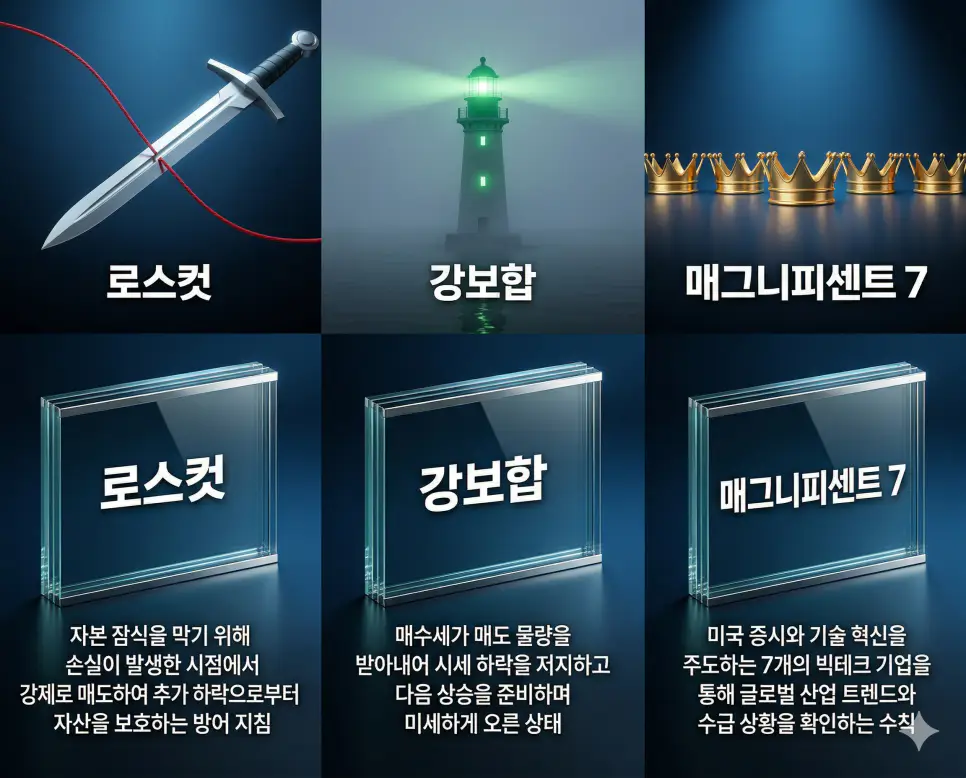 로스컷 뜻, 강보합 뜻, 매그니피센트 7 뜻: 자산 방어와 상승 대기 및 시장 견인 기업 정리 4 로스컷, 강보합, 매그니피센트 7 뜻의 정의와 핵심 아이콘을 세 개의 유리 패널에 정리한 고품격 인포그래픽 실사 이미지
