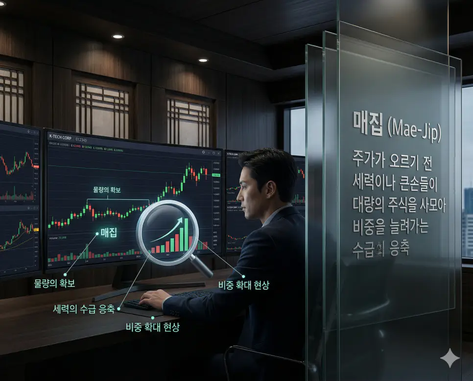 세력들이 물량을 조용히 사모으는 수급 응축 과정을 보여주는 매집 뜻의 전문적인 차트 분석 실사 이미지