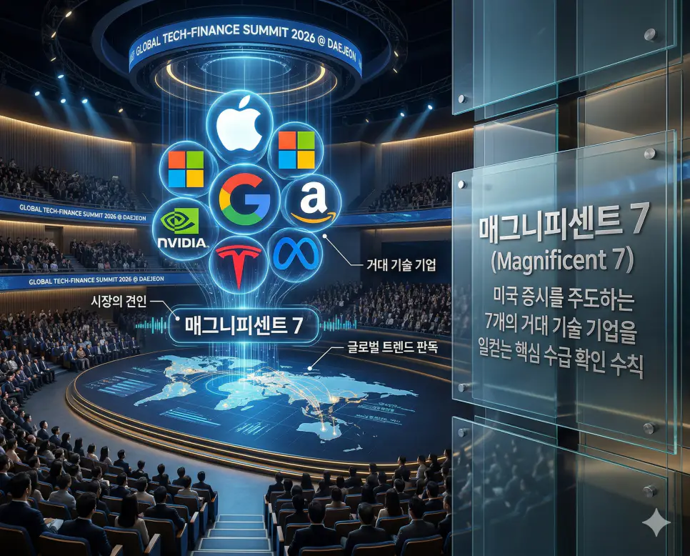 로스컷 뜻, 강보합 뜻, 매그니피센트 7 뜻: 자산 방어와 상승 대기 및 시장 견인 기업 정리 3 미국 증시를 주도하는 7대 빅테크 기업들의 영향력을 글로벌 테크 컨퍼런스 배경으로 표현한 실사 이미지