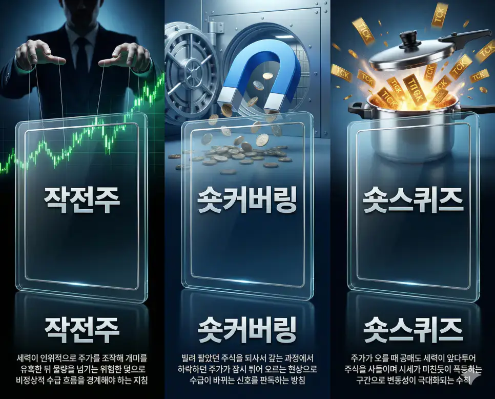 작전주 뜻, 숏커버링 뜻, 숏스퀴즈 뜻: 수급 왜곡과 공매도 환매수 및 패닉 정리 4 작전주, 숏커버링, 숏스퀴즈 뜻의 정의와 핵심 아이콘을 세 개의 유리 패널에 정리한 고품격 인포그래픽 실사 이미지