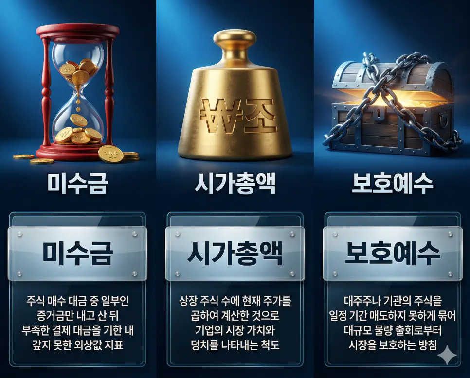 미수금 뜻, 시가총액 뜻, 보호예수 뜻: 단기 자금 운용과 기업의 체급 및 물량의 잠금 정리 4 미수금, 시가총액, 보호예수 뜻의 정의와 핵심 아이콘을 세 개의 유리 패널에 정리한 영화 포스터 스타일 인포그래픽