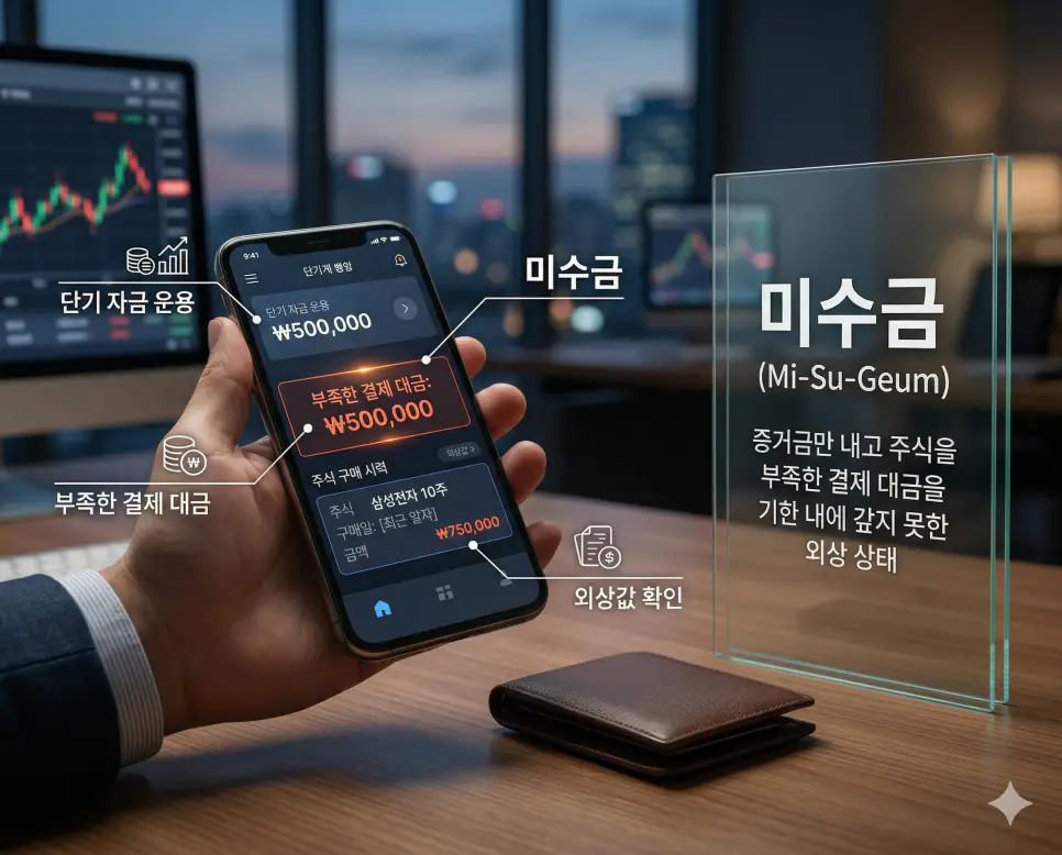 미수금 뜻, 시가총액 뜻, 보호예수 뜻: 단기 자금 운용과 기업의 체급 및 물량의 잠금 정리 1 부족한 결제 대금을 기한 내에 갚지 못한 미수금 상태를 경고하는 스마트폰 뱅킹 화면 실사 이미지
