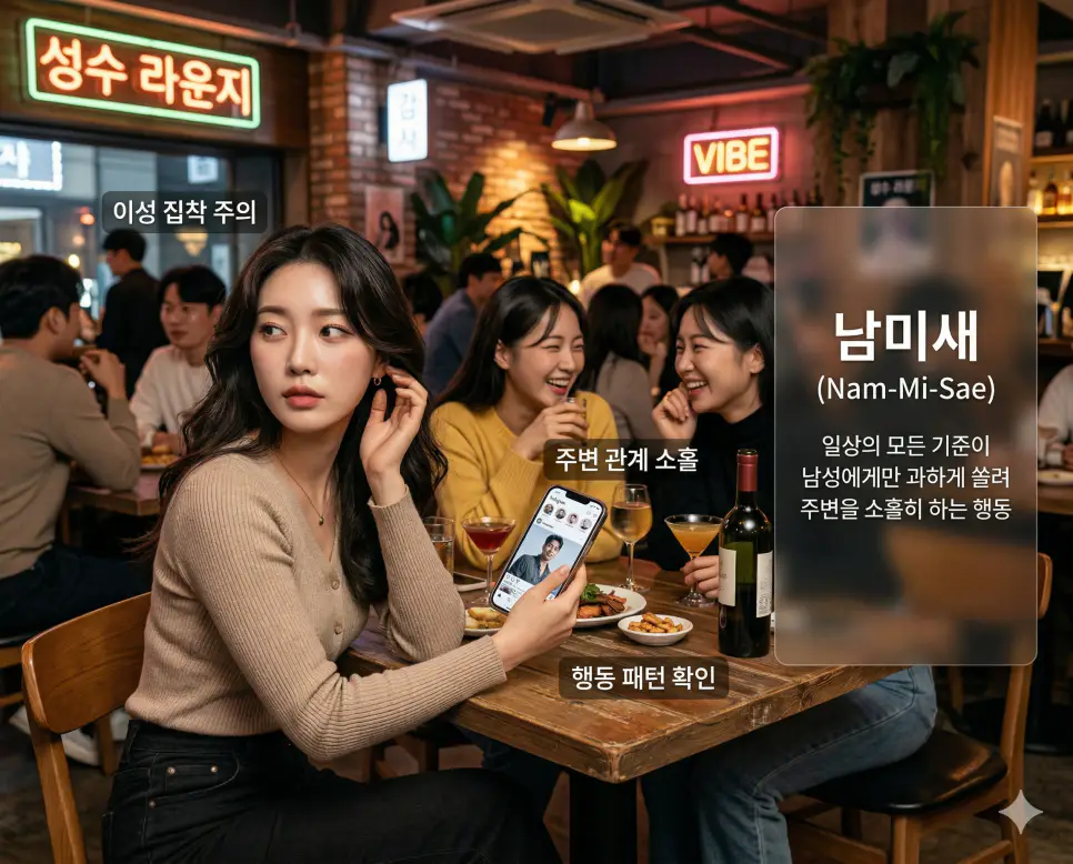 주변 관계보다 남성에게만 과하게 관심을 쏟는 행동 패턴과 남미새 뜻을 설명하는 실사 이미지