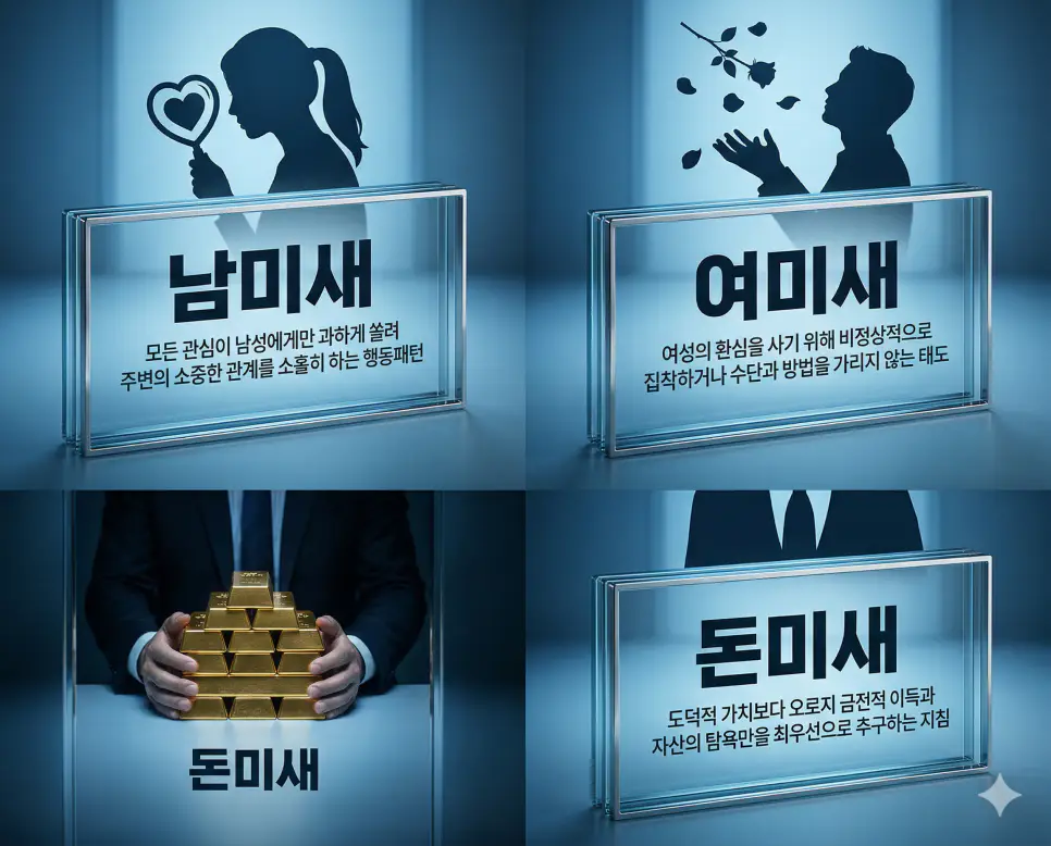 남미새, 여미새, 돈미새 뜻의 정의와 핵심 아이콘을 세 개의 유리 패널에 정리한 영화 포스터 스타일 인포그래픽