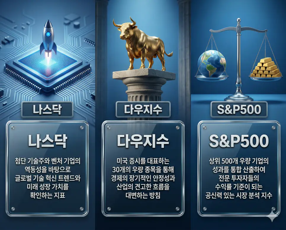 나스닥, 다우지수, S&P500 뜻의 정의와 핵심 아이콘을 세 개의 유리 패널에 정리한 영화 포스터 스타일 인포그래픽