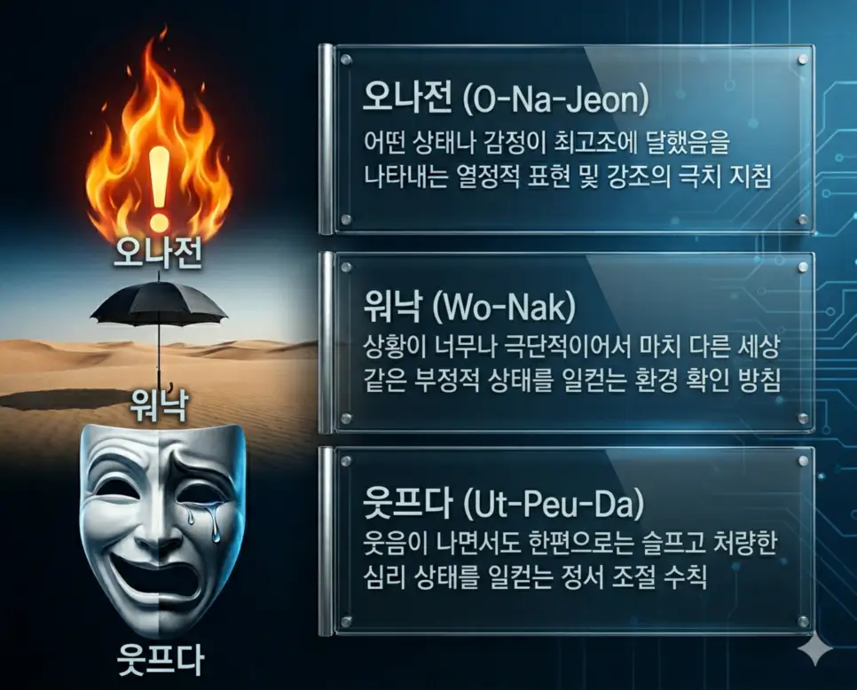 오나전 뜻, 워낙 뜻, 웃프다 뜻: 강조의 극치와 극단적 고립 및 감정의 교차 정리 4 오나전, 워낙, 웃프다 뜻의 정의와 강조의 극치, 극단적 고립 상태, 감정의 교차 핵심 내용을 정리한 영화 포스터 스타일 인포그래픽