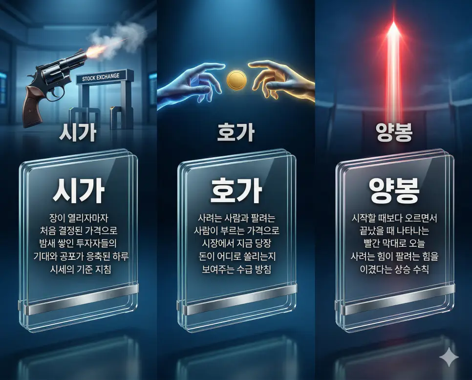 시가 뜻, 호가 뜻, 양봉 뜻: 하루의 출발점과 거래 제안 및 상승 에너지 정리 4 시가, 호가, 양봉 뜻의 정의와 상징 아이콘을 세 개의 유리 패널에 정리한 고품격 인포그래픽 실사 이미지