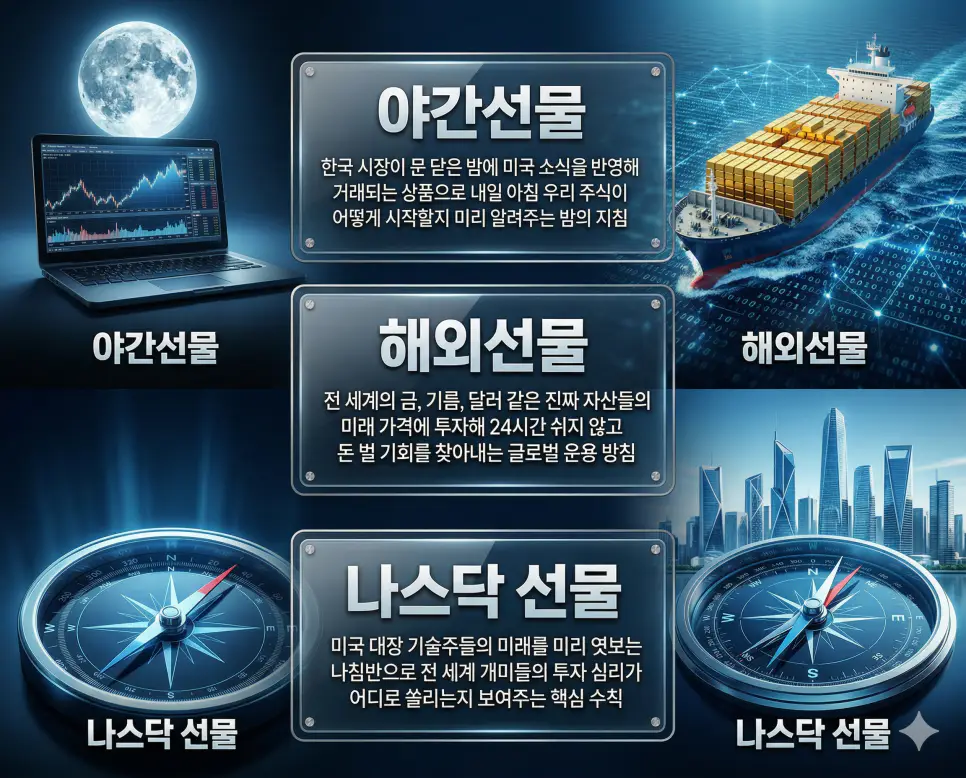 야간선물 뜻, 해외선물 뜻, 나스닥 선물 뜻: 밤의 지표와 글로벌 시세 및 기술주 나침반 정리 4 야간선물, 해외선물, 나스닥 선물 뜻의 정의와 핵심 아이콘을 세 개의 유리 패널에 정리한 고품격 인포그래픽 실사 이미지