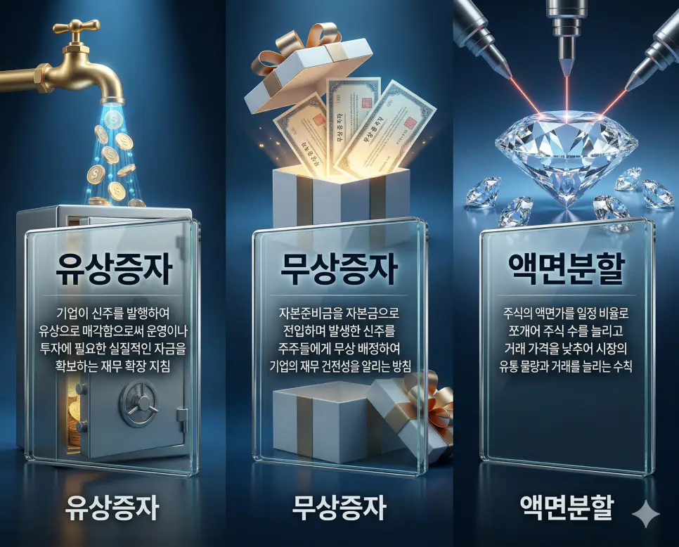 유상증자 뜻, 무상증자 뜻, 액면분할 뜻: 자본 수급과 가치 재배분 및 유동성 정리 4 유상증자, 무상증자, 액면분할 뜻의 정의와 핵심 아이콘을 세 개의 유리 패널에 정리한 고품격 인포그래픽 실사 이미지