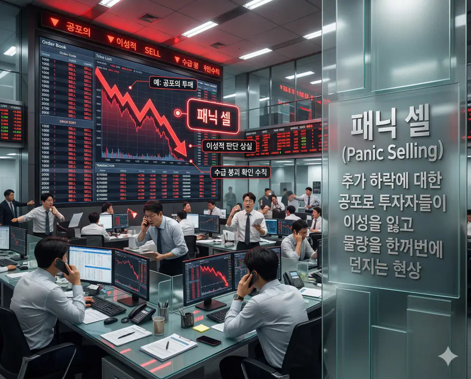 볼린저 밴드 뜻, PBR 뜻, 패닉 셀 뜻: 시세 변동 폭과 자산 가치 및 공포 투매 정리 3 추가 하락 공포로 인해 투자자들이 이성적 판단 없이 물량을 던지는 패닉 셀 수급 붕괴 실사 이미지