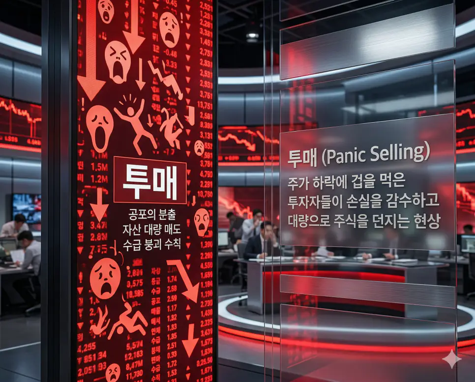 공포에 질린 투자자들이 주식을 일제히 매도하여 시세 급락을 유발하는 투매 현상의 실사 이미지