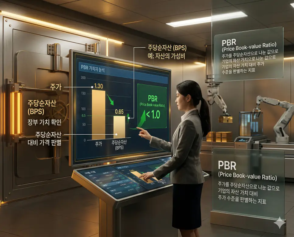 볼린저 밴드 뜻, PBR 뜻, 패닉 셀 뜻: 시세 변동 폭과 자산 가치 및 공포 투매 정리 2 기업의 순자산 가치 대비 주가 수준을 비교하여 자산 가성비를 분석하는 PBR 지표 실사 이미지