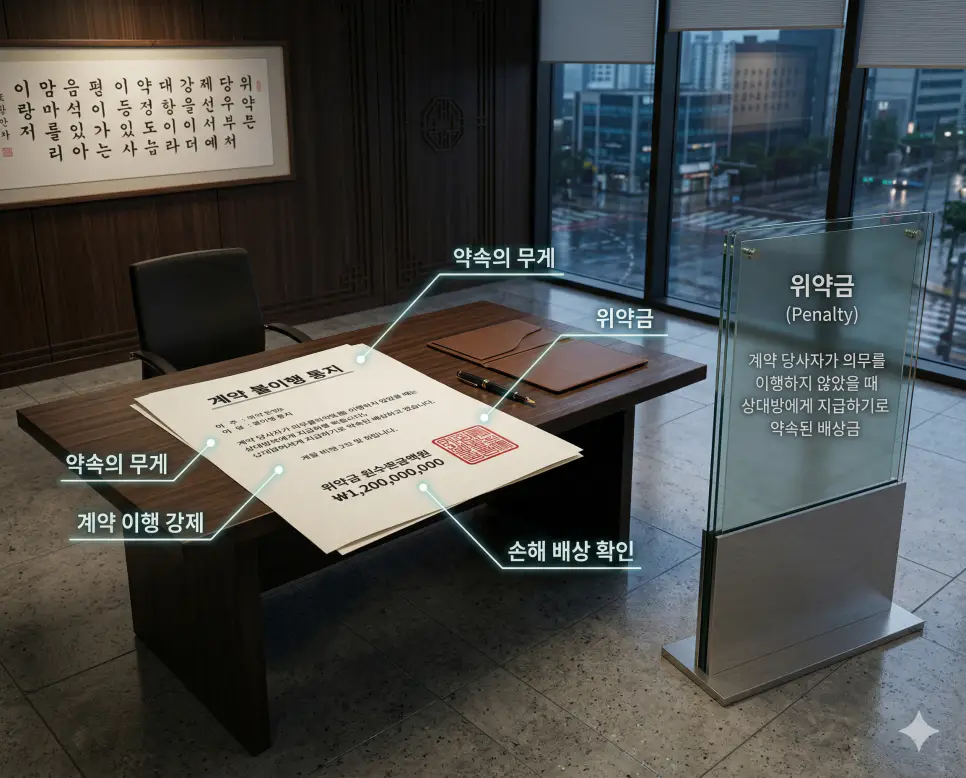 잔금 뜻, 위약금 뜻, 권리금 뜻: 계약의 마침표와 약속의 무게 및 유무형 가치 정리 2 계약 불이행 시 발생하는 손해 배상과 책임의 무게를 상징하는 위약금 통지 서류 실사 이미지