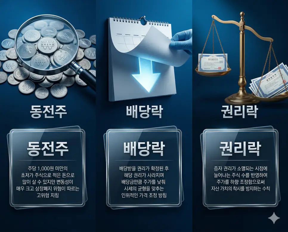 동전주 뜻, 배당락 뜻, 권리락 뜻: 초저가 시세와 배당 증자 권리 소멸 정리 4 동전주, 배당락, 권리락 뜻의 정의와 핵심 아이콘을 세 개의 유리 패널에 정리한 고품격 인포그래픽 실사 이미지