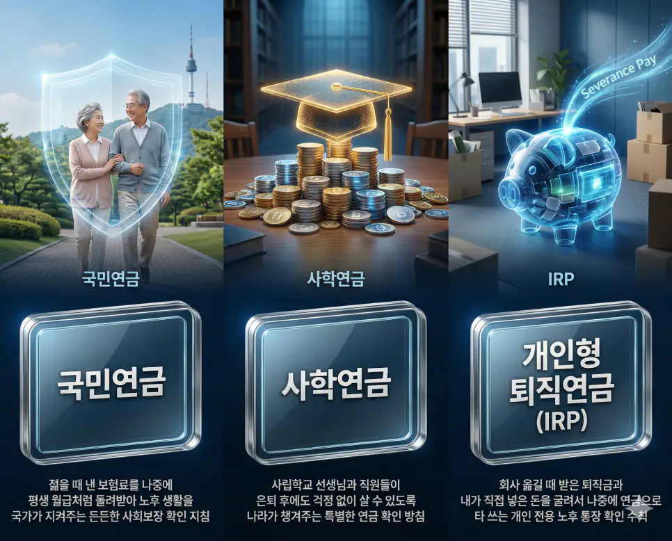 국민연금 뜻, 사학연금 뜻, IRP 뜻: 사회보장과 교직원 노후 및 개인 퇴직연금 정리 4 국민연금, 사학연금, IRP 뜻의 정의와 핵심 상징 아이콘을 세 개의 유리 패널에 정리한 고품격 인포그래픽 실사 이미지